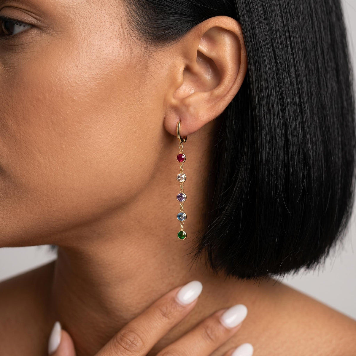 Birthstone drop earrings, gold dangle gemstone earrings, colorful crystal chain earrings, minimalist long birthstone jewelry for women
