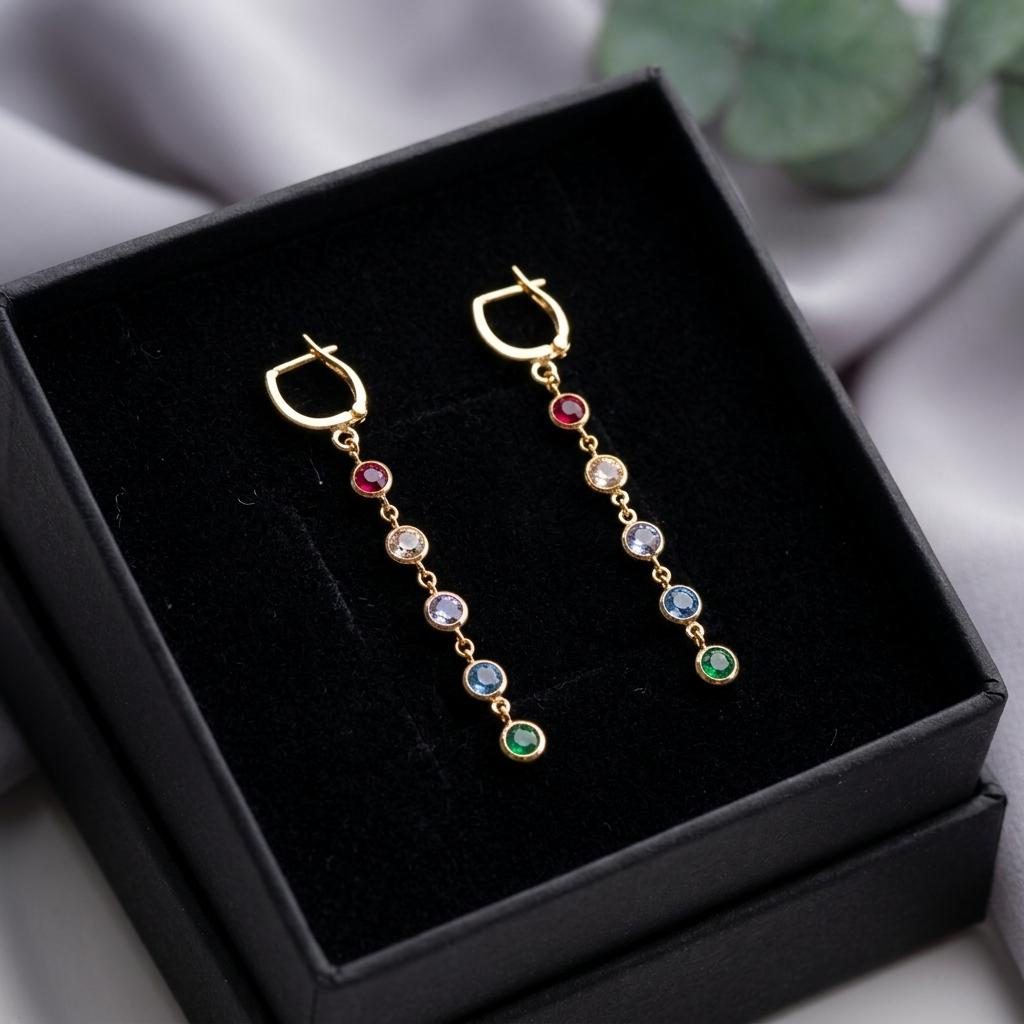Birthstone Drop Earrings, Gold Dangle Gemstone Earrings, Colorful Crystal Chain Earrings, Minimalist Long Birthstone Jewelry for Women