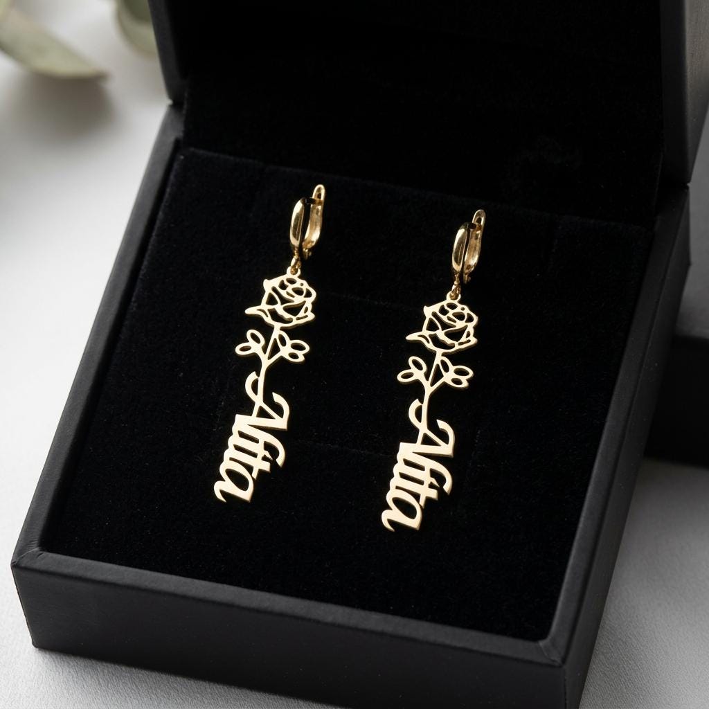 Personalized Birth Flower Name Earrings, Custom Floral Hoop Earrings, Gold Name Drop Earrings, Minimalist Birth Month Flower Jewelry Gift