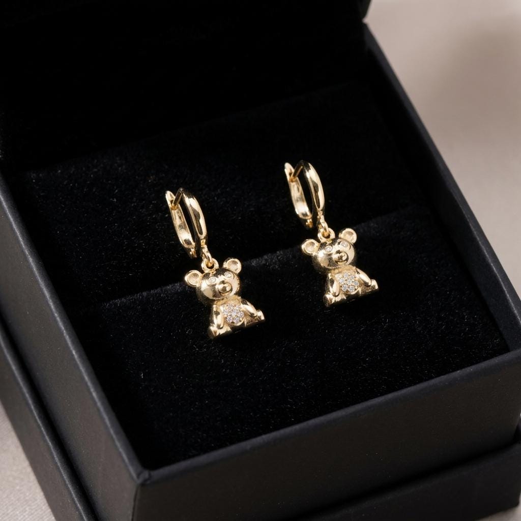 Cute Teddy Bear Hoop Earrings, Gold Bear Drop Earrings, Dainty Animal Charm Earrings, Minimalist Tiny Hoop Jewelry, Kawaii Bear Earrings