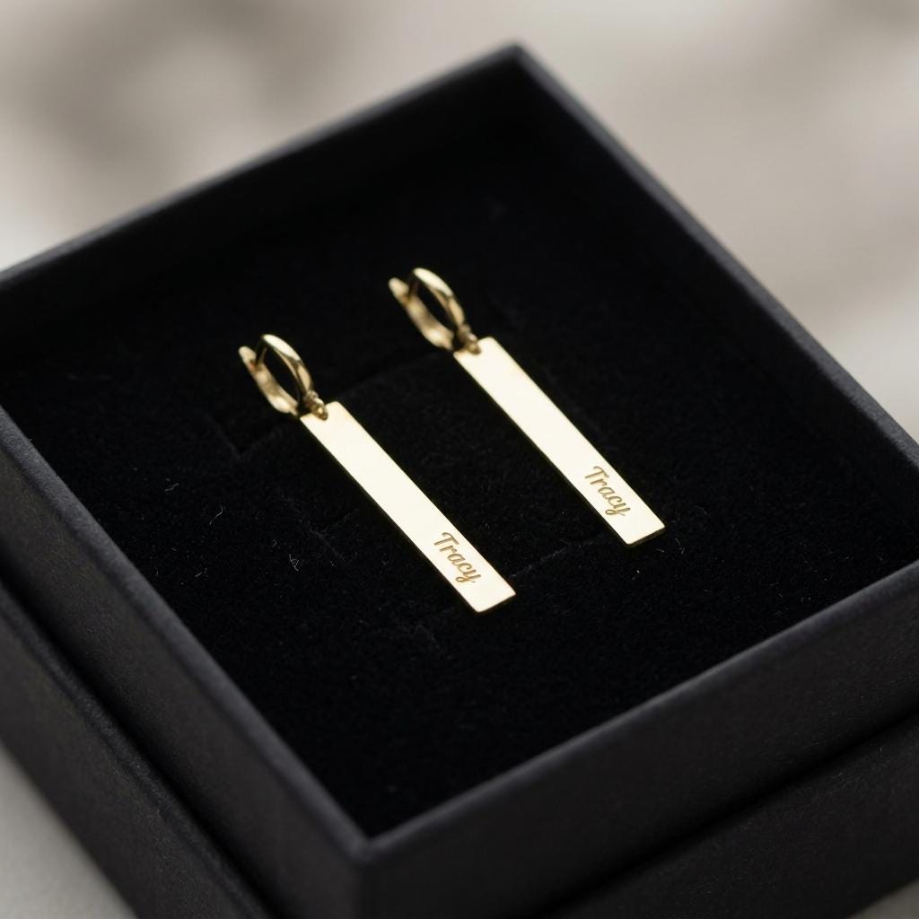 Personalized Bar Drop Earrings, Custom Name Hoop Earrings, Minimalist Gold Rectangle Earrings, Dainty Engraved Jewelry Gift for Women