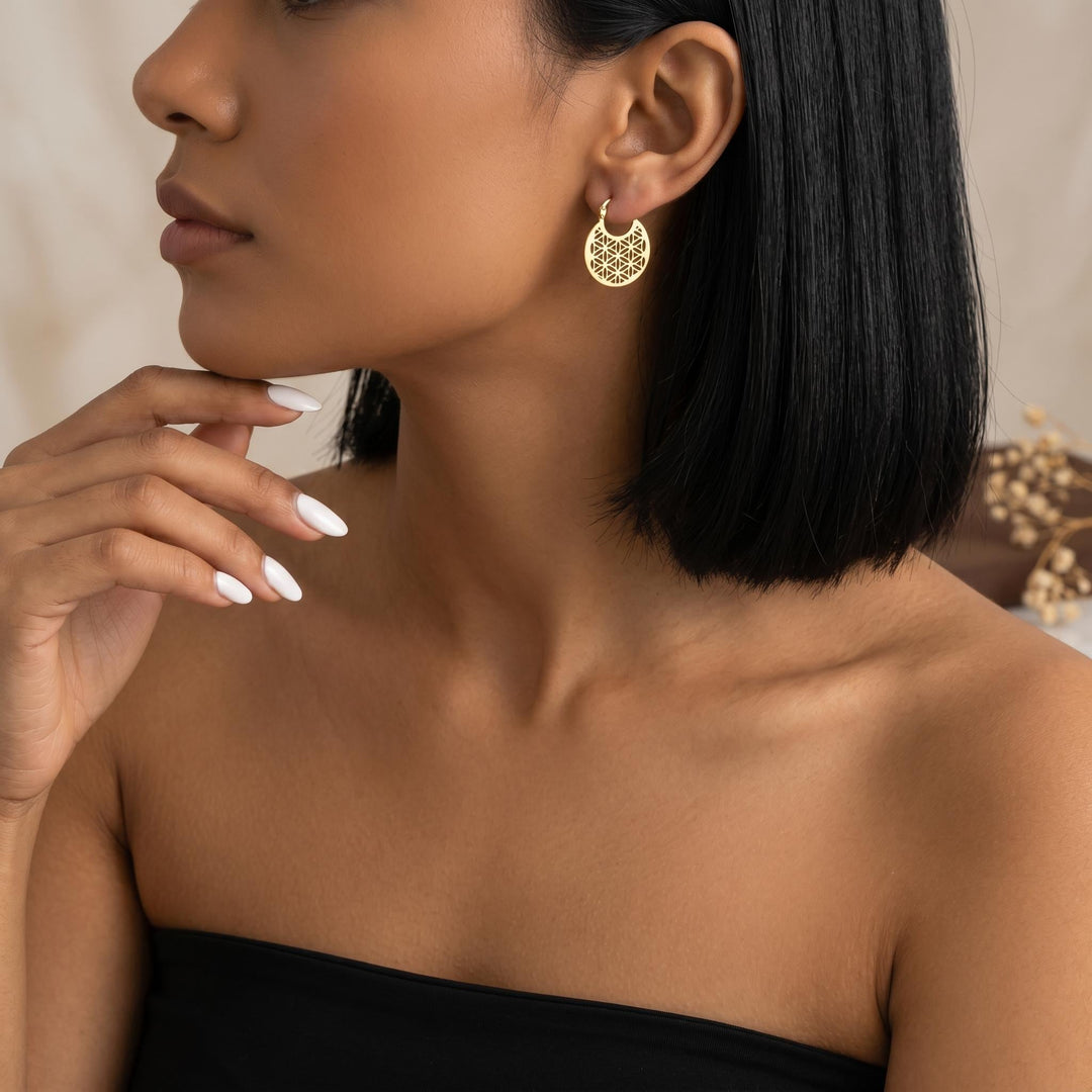 Gold Mandala Hoop Earrings, Floral Cutout Disc Earrings, Minimalist Boho Jewelry, Geometric Gold Hoops, Dainty Everyday Earrings