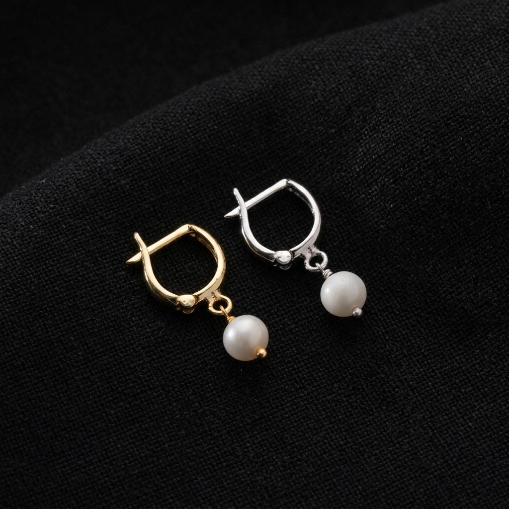 Pearl drop hoop earrings, minimalist gold and silver huggie earrings, dainty tiny pearl hoops, elegant everyday jewelry gift for her