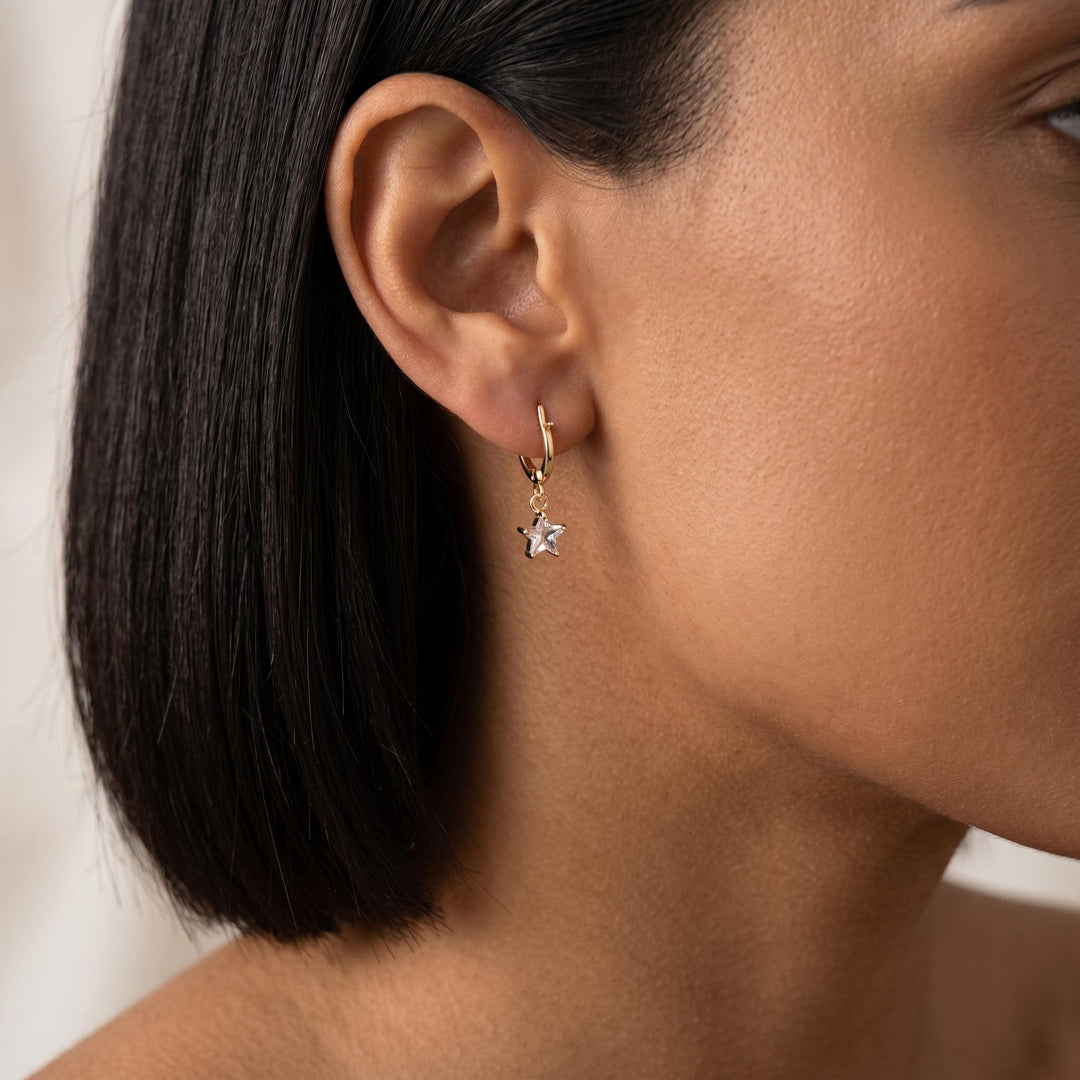 Birthstone Star Charm Huggie Earrings, Colorful Crystal Star Hoops, Gold Silver Rose Gold Dainty Celestial Jewelry Gift For Her