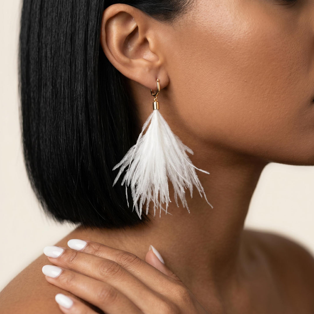 White Feather Drop Earrings, Boho Feather Hoop Earrings, Statement Festival Jewelry, Lightweight Gold Huggie Bridal Earrings Gift For Her