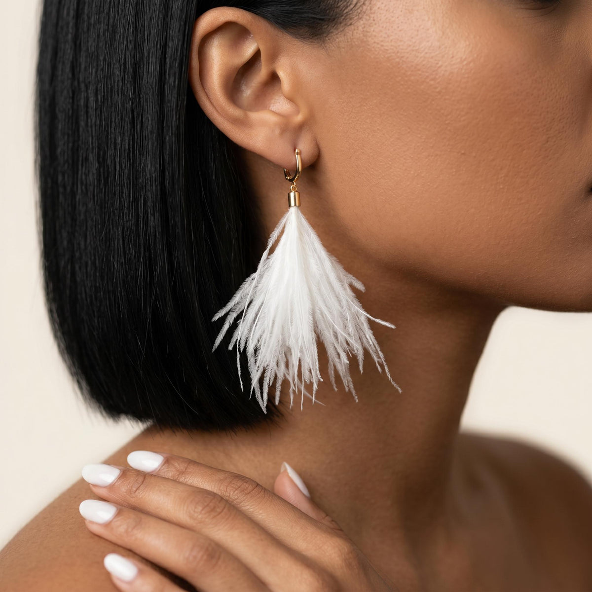 White feather drop earrings, boho feather hoop earrings, statement festival jewelry, lightweight gold huggie bridal earrings gift for her
