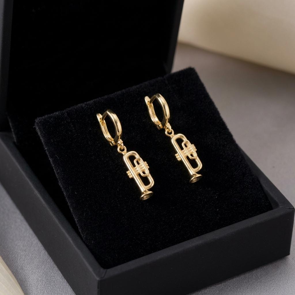 Gold Trumpet Charm Hoop Earrings, Music Lover Jewelry, Dainty Instrument Huggie Earrings, Minimalist Musician Gift For Women