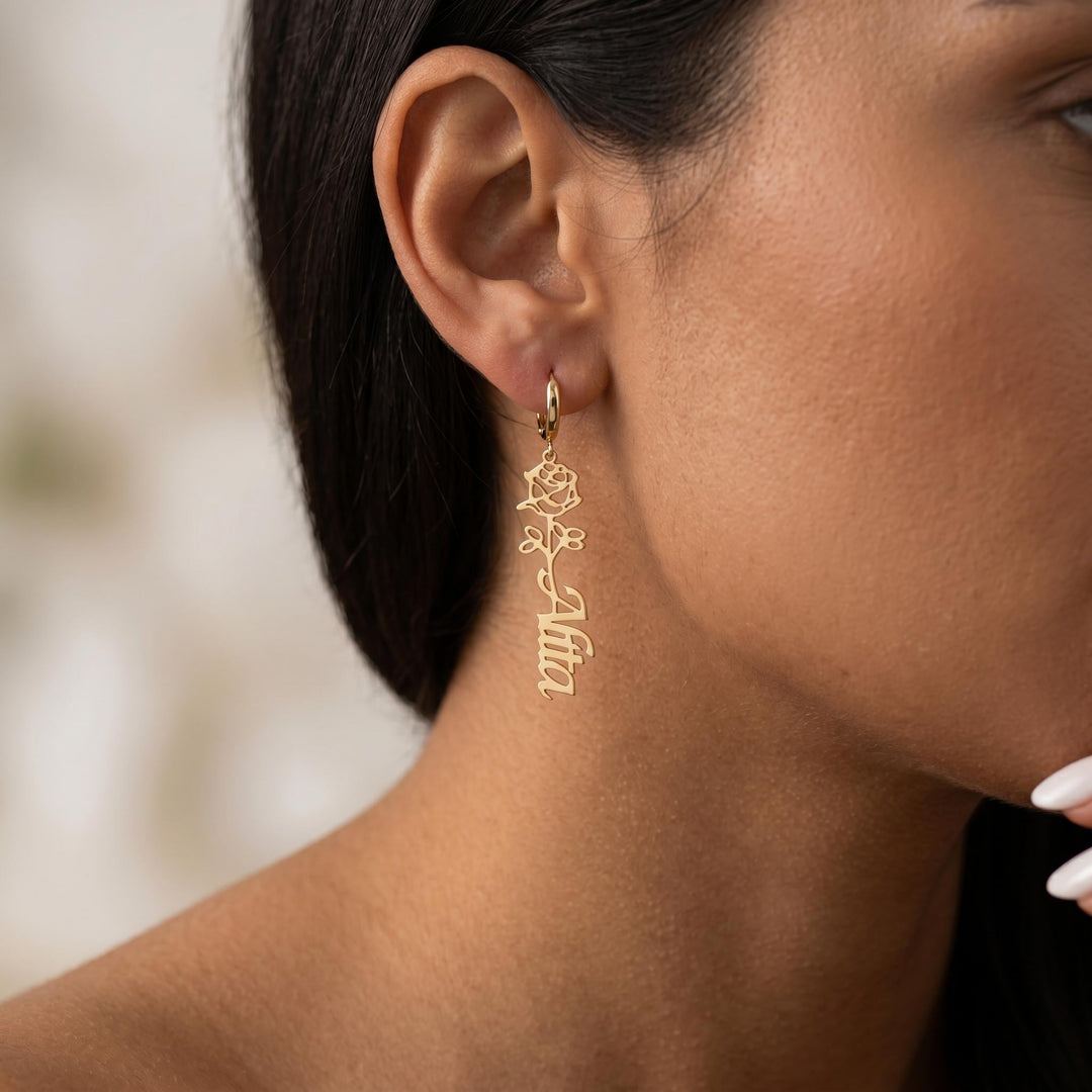 Personalized Birth Flower Name Earrings, Custom Rose Hoop Earrings, Minimalist Gold Floral Jewelry, Dainty Birth Month Gift For Her