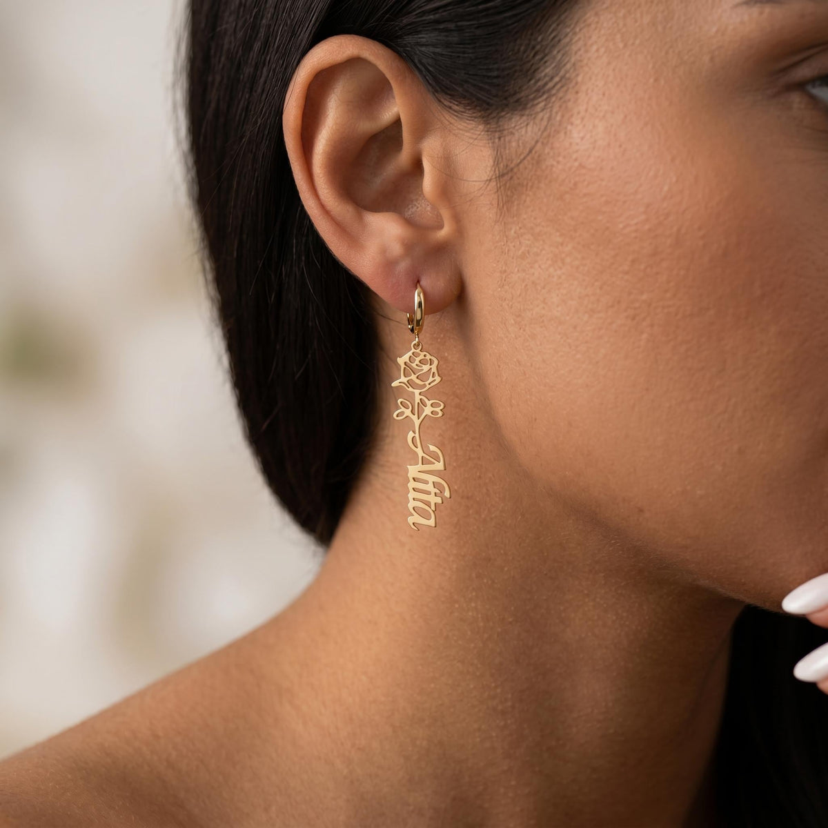 Personalized birth flower name earrings, custom rose hoop earrings, minimalist gold floral jewelry, dainty birth month gift for her