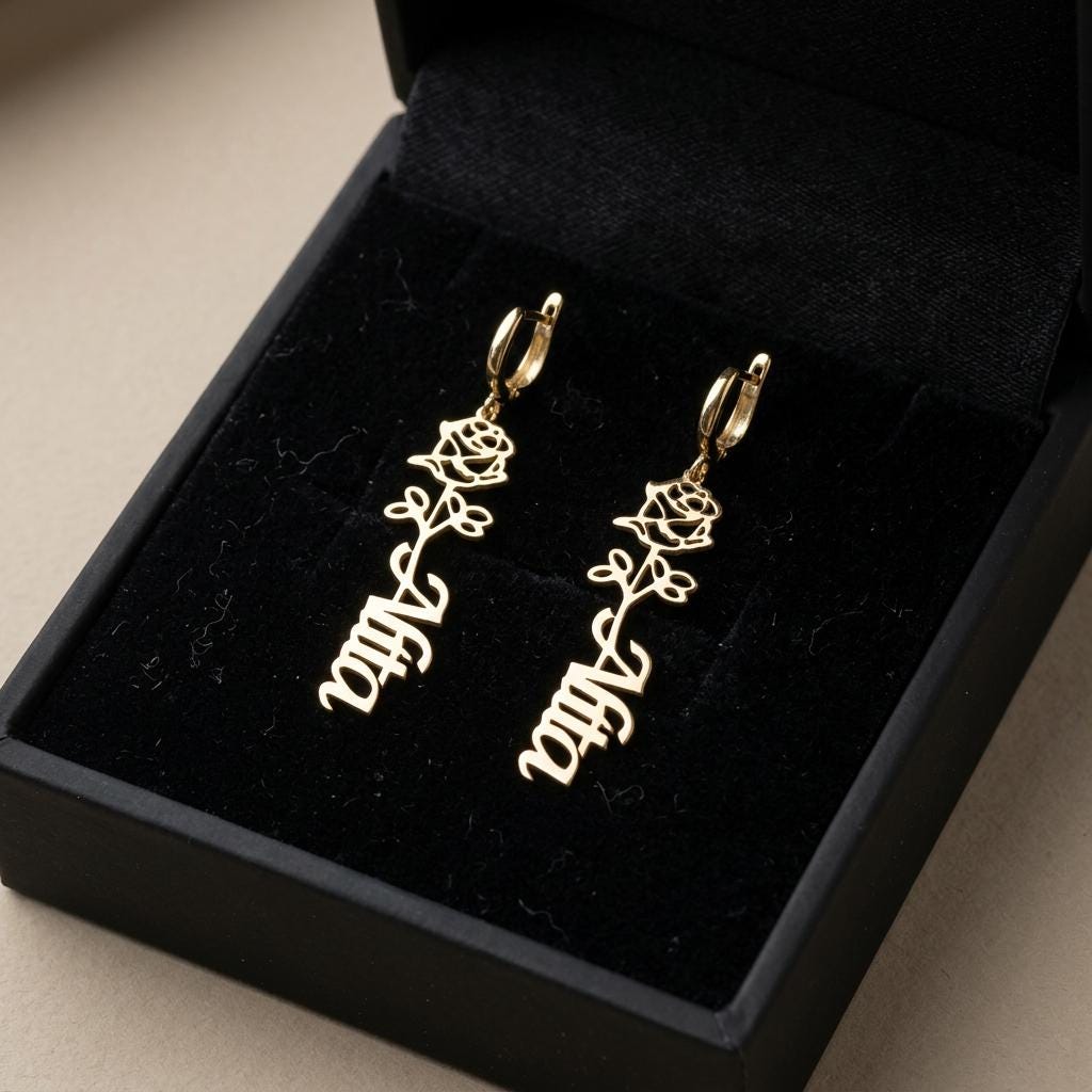 Personalized Birth Flower Name Earrings, Custom Rose Hoop Earrings, Minimalist Gold Floral Jewelry, Dainty Birth Month Gift For Her